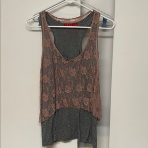 Grey / Pink racerback tank top w/ lace overlay